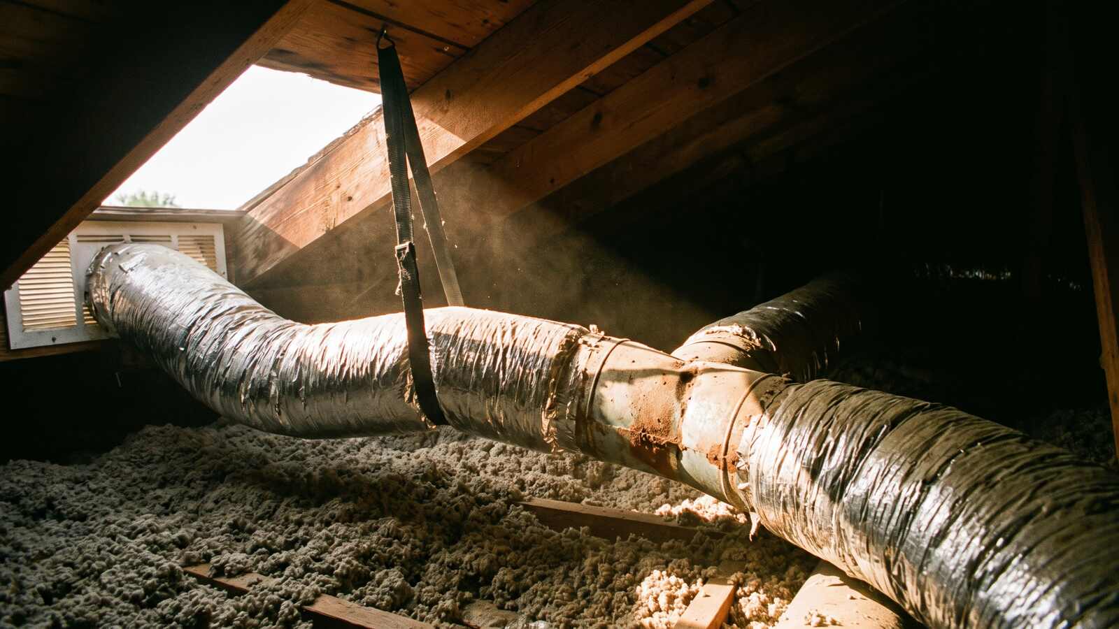 Flex duct runs crossing attic joists above blown-in insulation, a shaft of daylight from a gable vent with dust hanging in it.