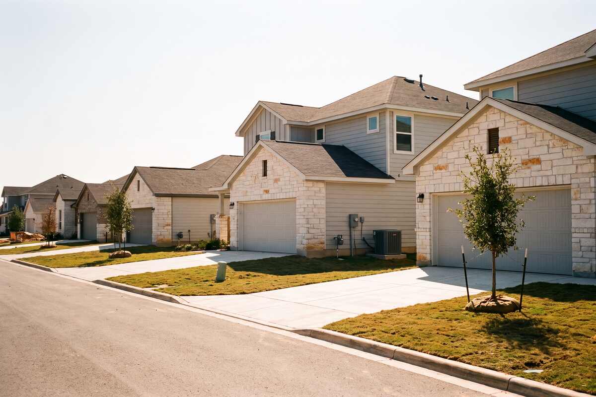 A new limestone and fiber cement two story house on a Leander street with young trees and open sky.