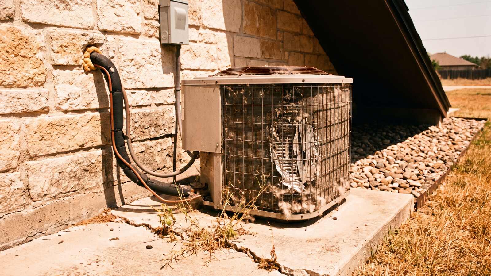 Outdoor condensing unit on a concrete pad beside a limestone veneer wall, hard afternoon shadow cutting across the fins.