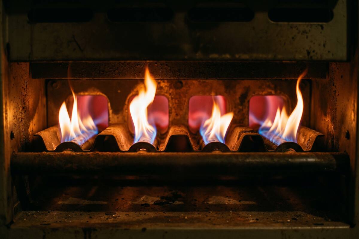 Gas furnace burners running, flame blue at the base and orange at the tip, seen through the open burner compartment.