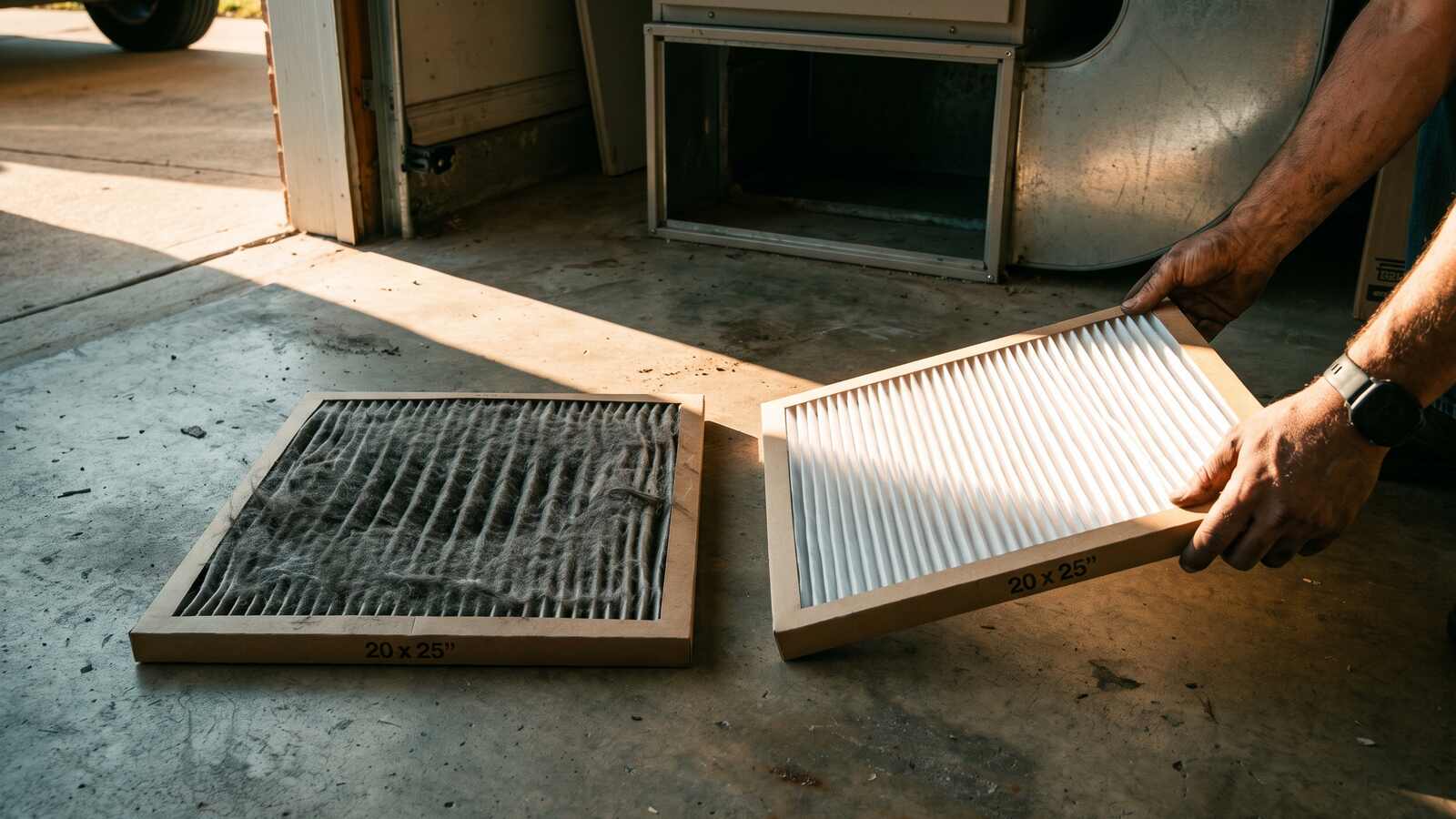 A grey clogged pleated filter lying beside a clean white one, both pulled from the same return grille.