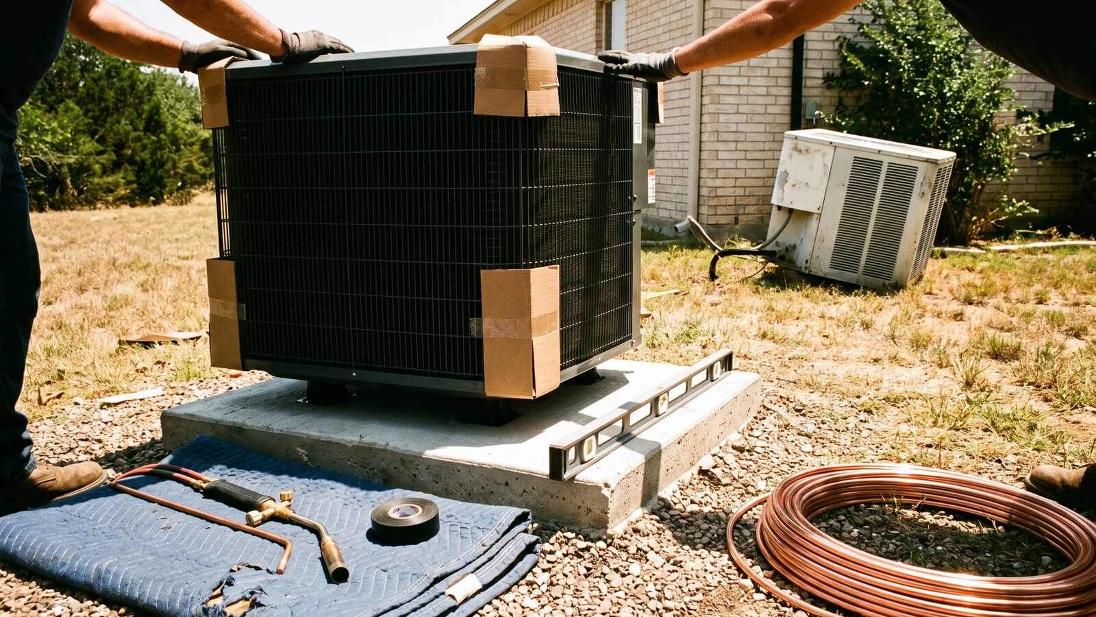 A new outdoor condensing unit and line set going in on a fresh concrete pad beside a Central Texas house.